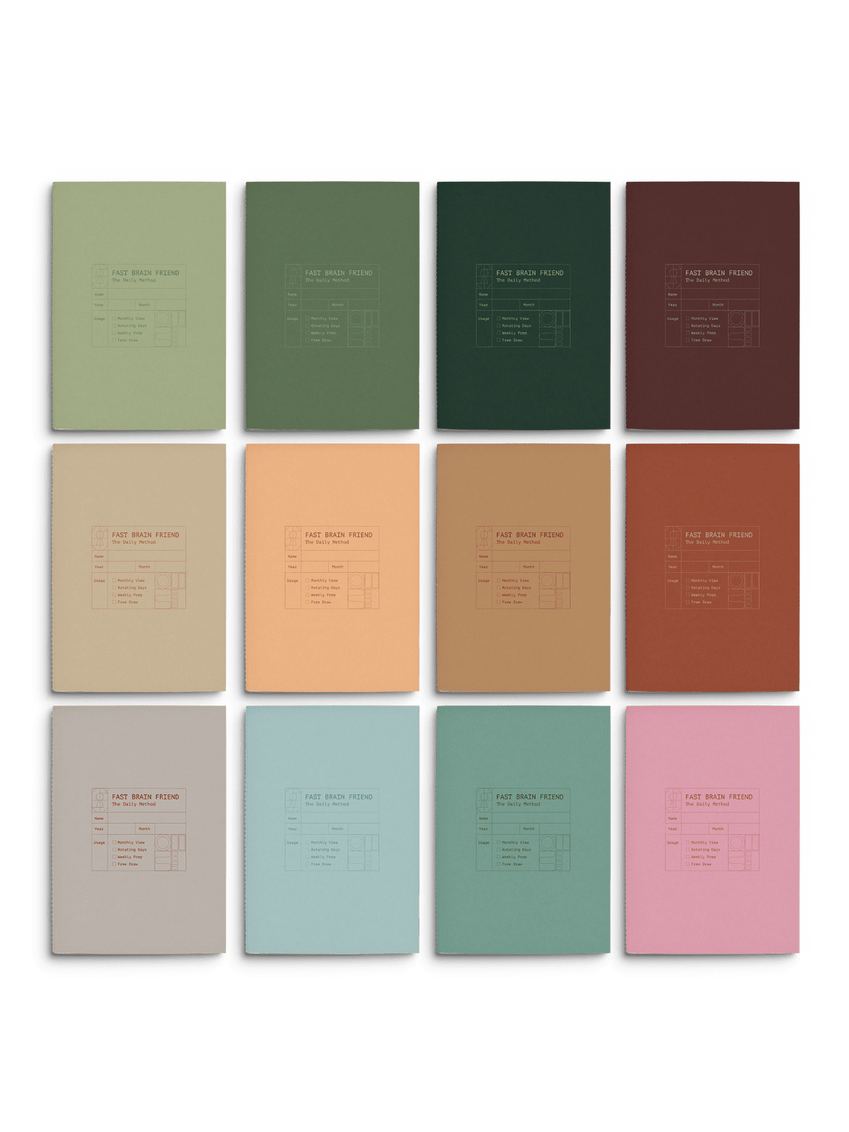 The twelve Fast Brain notebook covers laid out in a grid