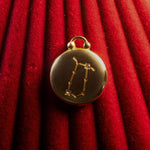 Gold pendant with a Gemini Constellation on a red textured background